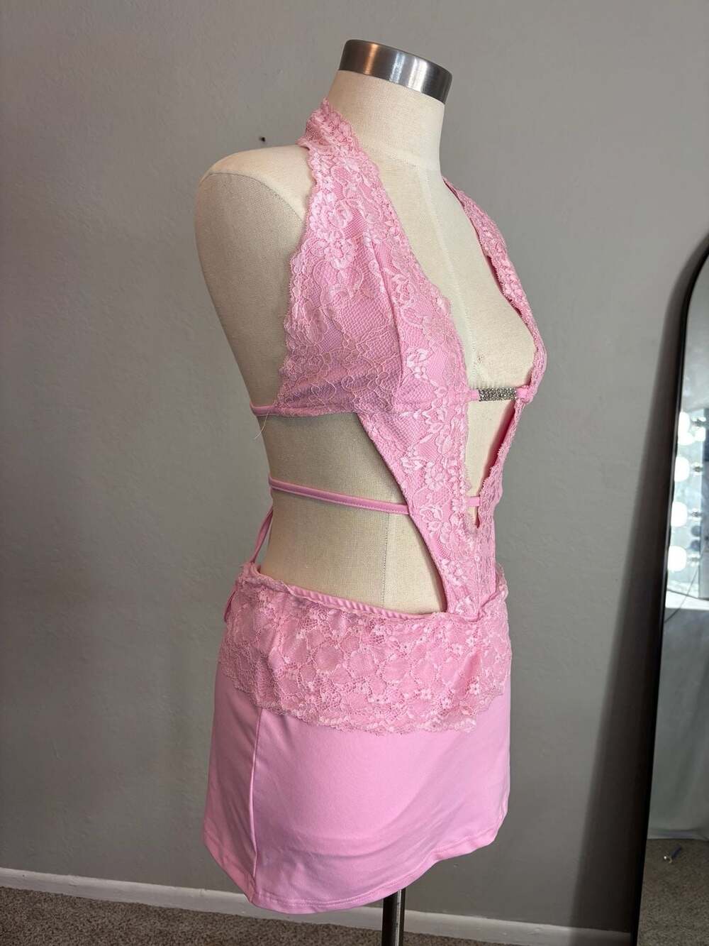 Pink Lace Halter Cut-Out Mini Dress with Rhinestone Detail - Picture 4 of 11